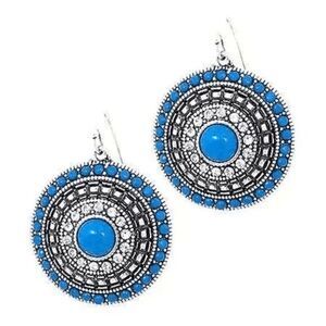 Ladies Blue Silver Aztec Round Earrings